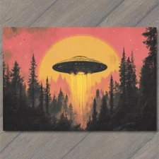 Art Print UFO Hovering Over Forest Sunset Glow Vibrant Mysterious Sci-Fi Scene