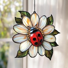 Impresionante adorno Ladybug on Daisy imitación acrílico Suncatcher, arte Ladybug