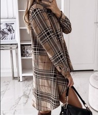 Women’s CHICME Plaid Long Sleeve Casual Shirt khaki Dress sz M nwot