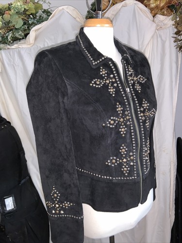 Giacca pelle scamosciata nera Double D Ranch Wear borchie zip intera taglia XS - Foto 9 di 12