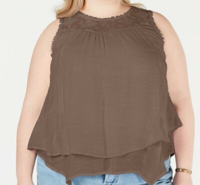 Style & Co PLUS SIZE Brown Lace Yoke 2X Crochet Trim TANK Blouse NEW #911#787