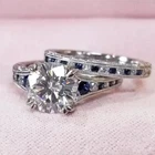 Art Deco Round Lab Created Diamond & Sapphire 925 Silver Wedding Bridal Ring Set