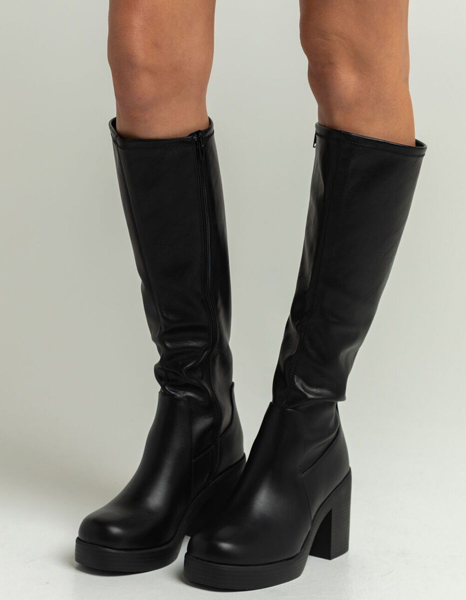 New Women's Stretchy Faux Leather Knee-High Boots Chunky New Women's Stretchy Faux Leather Knee-High Boots Chunky