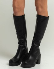New Women's Stretchy Faux Leather Knee-High Boots Chunky Block Heel Platform Zip