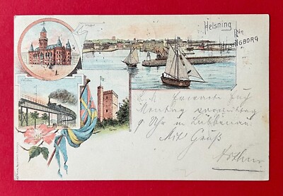 Litho AK HELSINGBORG in Schweden 1898 Eisenbahn Brücke, Rathaus    ( 146751