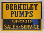 Vintage BERKELEY PUMPS Dealer Sign Embossed Tin Sign Original Blue Yellow NICE