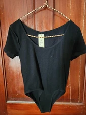 YELETE Bodysuit Black Stretchy Nylon Spandex One Size Short Sleeve 