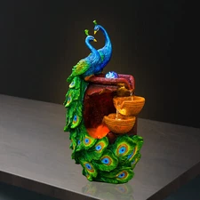 Peacock Waterfall Fountain Desktop Ornament Indoor Feng Shui Water Sound Decor
