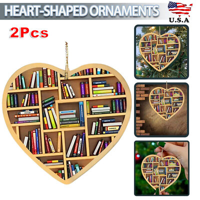 2x Book Lovers Heart-Shaped Bookshelf Pendant Ornament Christmas Tree Decor Gift