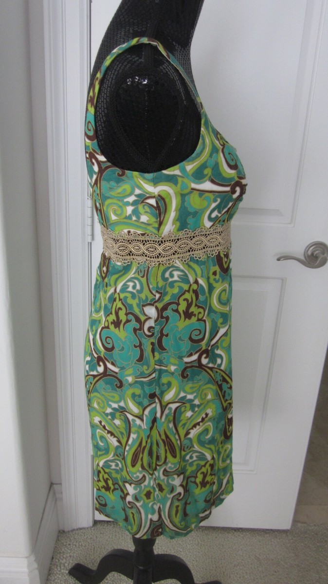 Milly Paisley Green Brown Gold Metallic Lace Trim See Thur Sz 6 Lined Dress  | eBay