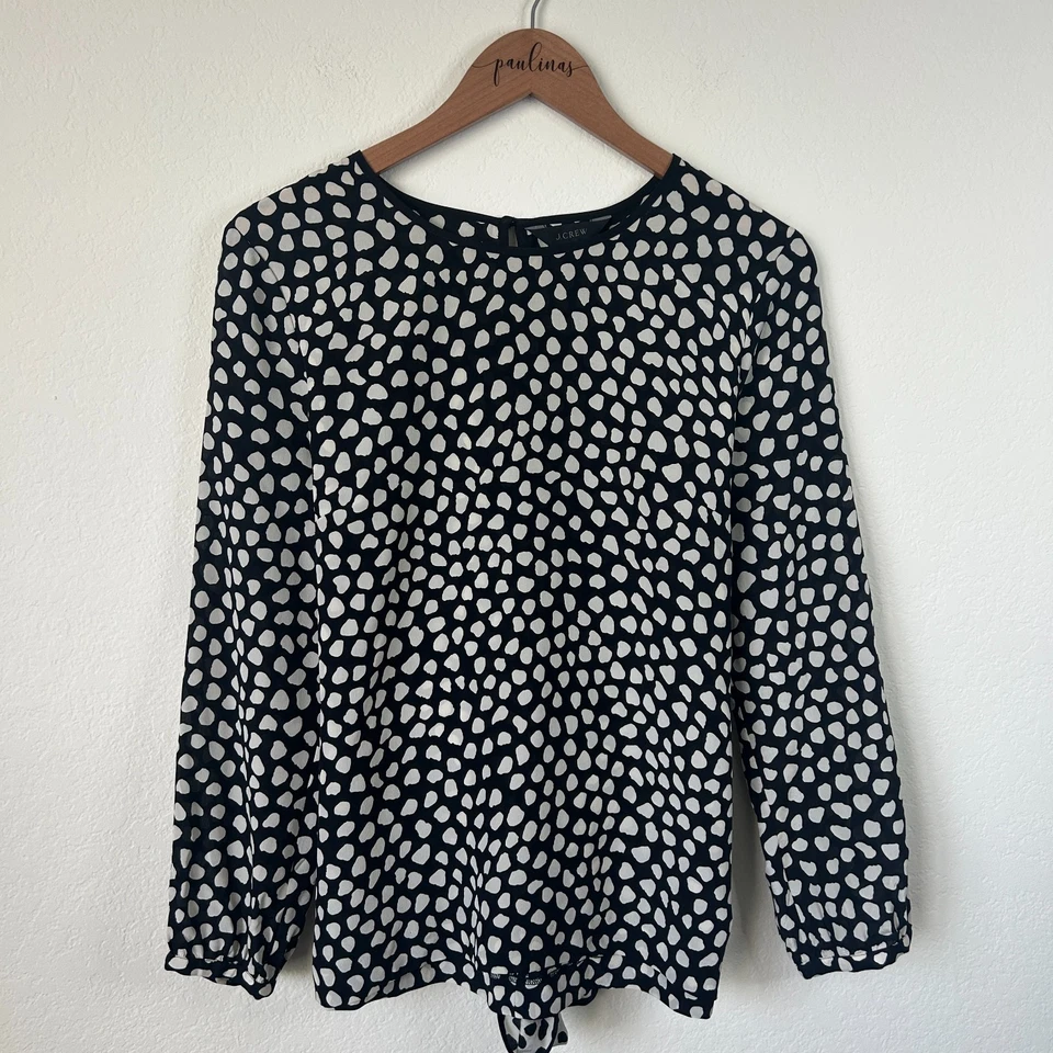 Blusa J Crew Top Mujer 8 Negro Blanco Estampado Guijarro Seda Frontal Corbata Cinturón Carrera Foto 2 de 4