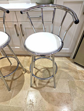 Set of 2 Chrome Metal Bar Stools, Cream Foe Leather Padded Seats, With Backrest