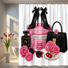 Chic Pink Fashion Shower Curtain with Black Accessories