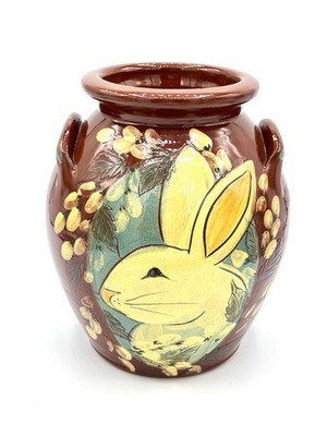 RARE Eldreth Pottery Redware Crock Jar Bunny Rabbit Handles Signed 2004 Easter
