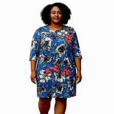 ELOQUII FLORAL BOHO  LONG SLEEVE ROUND CREW NECK BLUE GREEN WHITE DRESS 14