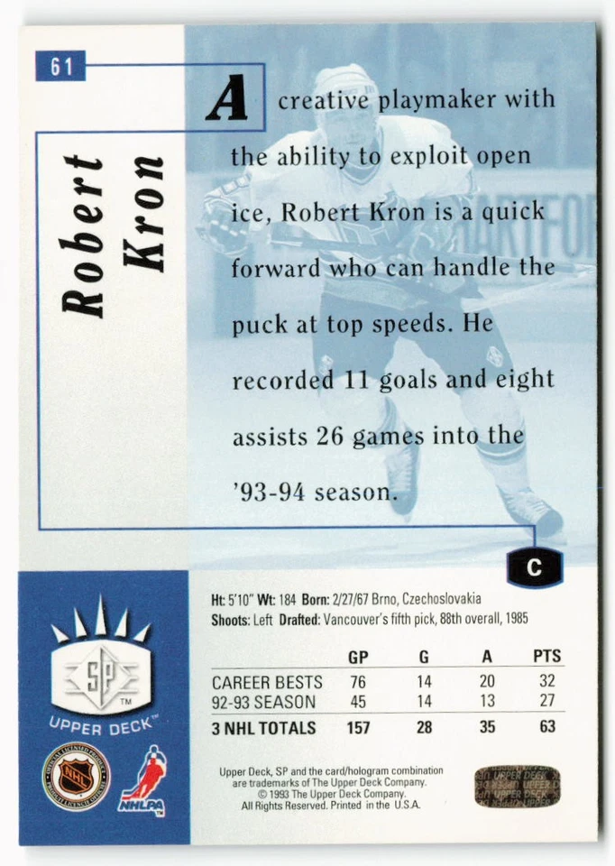 1993-94 Robert Kron Upper Deck SP - Hartford Whalers - Image 2 of 2