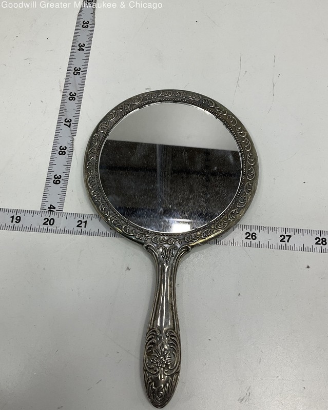 Vintage Ornate Silverplate Round Hand Mirror