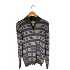 LL Bean Mens Striped 1/4 Zip Sweater M REG Cotton Cashmere Green Burgundy Blue