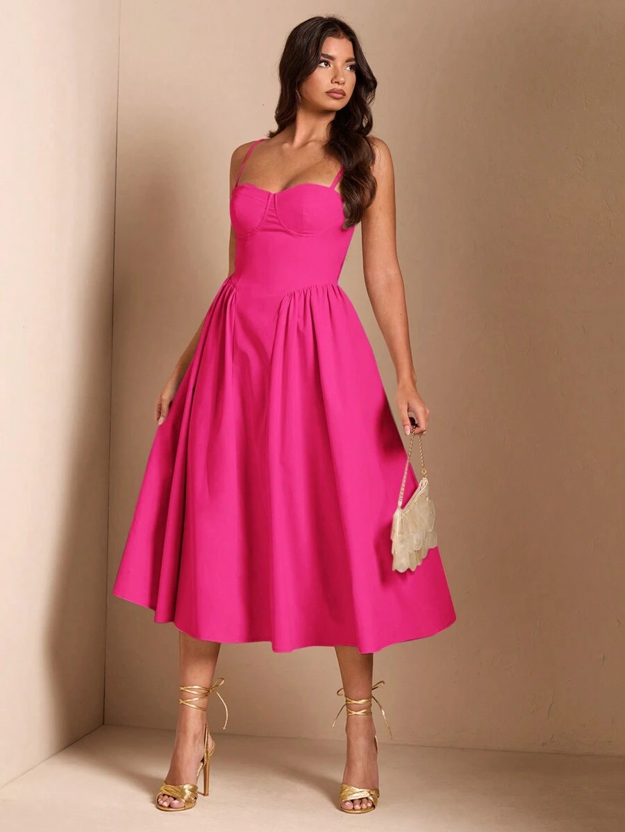 Elegant Spaghetti Strap Cami Midi Dress Backless Flared Formal Evening