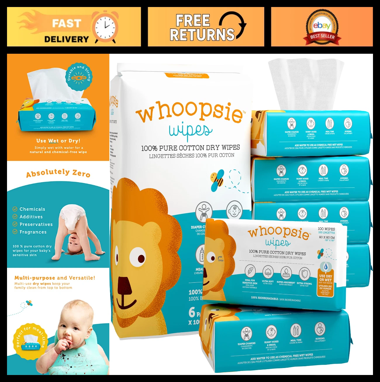 100% Pure Cotton Baby Wipes – Ultra Soft, Unscented, Chemical-Free – 600 Count
Opens in a new window