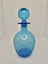 Vintage MCM Rainbow Glass 10.75” Blue Crackle Decanter W/Stopper Stunning
