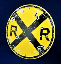 RAILROAD Xing Bullet Holes *US MADE*- Round Metal Sign Man Cave Garage Bar Decor
