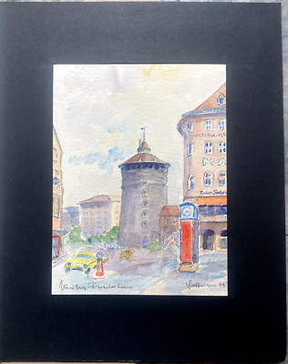 Hoffmann - Watercolor Nuremberg Frauentorturm Signed Cars Downtown Traffic 79