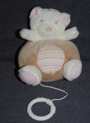 🍀Peluche Doudou Ours Musical BABYSUN Rose Crème Rayé Fille Boite à Musique TTBE - Photo 1/3