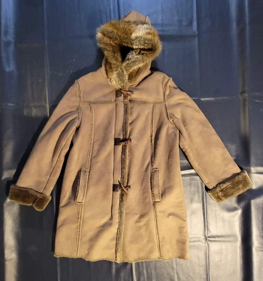 Women's Vintage Chadwick's Tan Sherpa Lined Shearling Hooded Toggle Long M Coat - Image 3 of 4