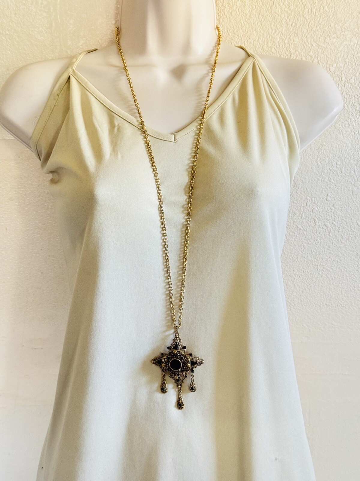 Vtg Cross Necklace Long Gold Chain Rhinestone Victorian Revival Rare