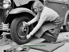 Vintage Lovely Woman Changing Tire on Car 8.5x11 Photo Print Sexy Lady Mechanic