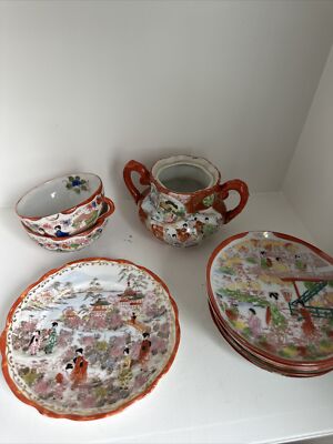 Vintage Antique 7 Small  Japanese Plate Geisha Girl 5  & 4 Sugar Bowl Few Chips