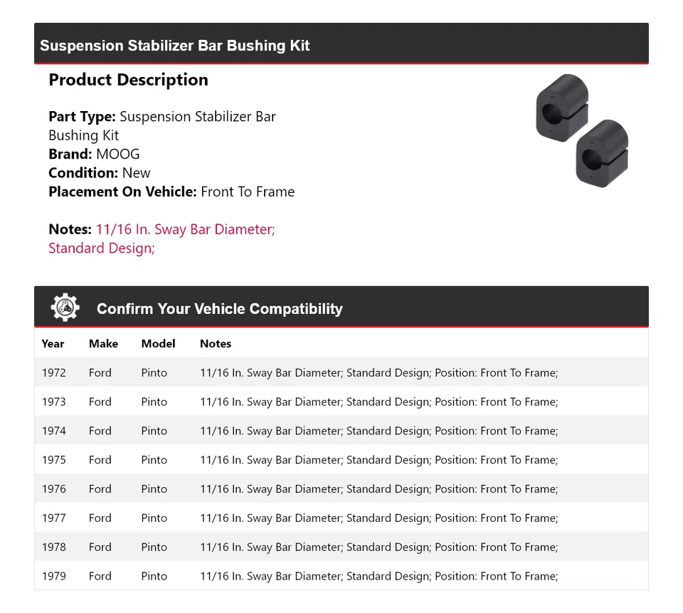 Kit de buje de barra estabilizadora de suspensión para Ford Pinto 1972-1979 MOOG 1972 1973 Foto 2 de 4