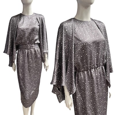 PIERRE CARDIN Vintage 70's 80's Dress 12 Silver Grey Satin Cape Party Midi 