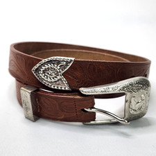 Vtg Brown Western Tooled Leather Belt Small 23" Thin 1" Silver Buckle Horseshoe