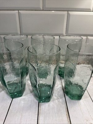 (6) Vintage Libbey CHIVALRY Spanish Green 6  Glass Tumblers, Wood-grain Texture