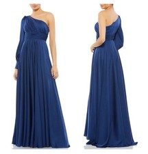 Mac Duggal Size 2 Blue One Shoulder Bishop Sleeve Flowy Satin Maxi Gown Dress