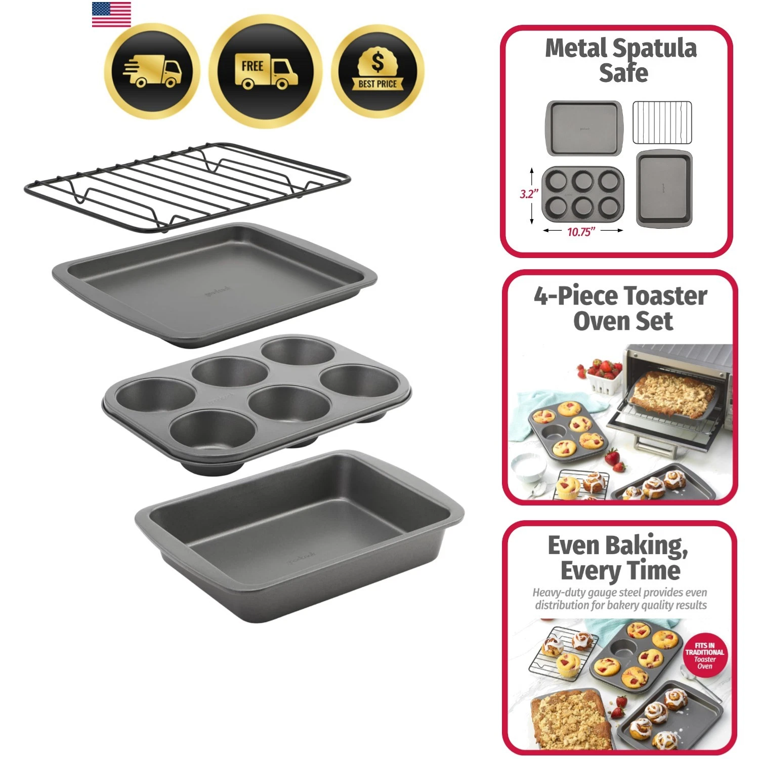 4-Piece Nonstick Steel Toaster Oven Set with Sheet Pan, Rack, Cake Pan, and M...