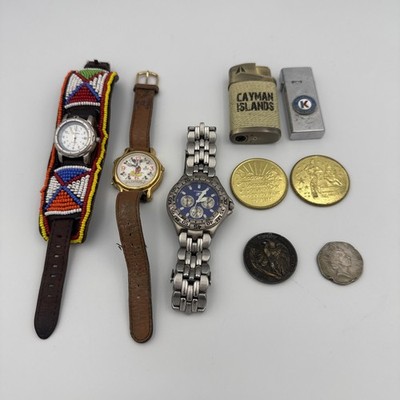 Junk Drawer Lot Vintage Watch Coin Lighter Bundle Columbia Disney Fossil Blue