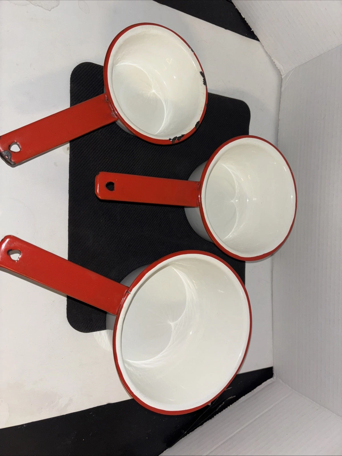 Vintage 1950's Red & White Enamel Sauce Pan/Pot Set of 3