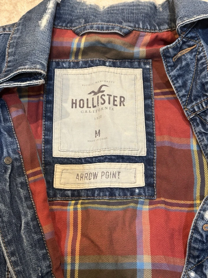Chaqueta de Camionero Hollister Forrada a Cuadros Denim Talla Mediana Envejecida Falta Botón Foto 4 de 4