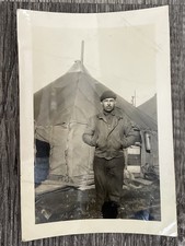 Vintage Photo Of WWII Military Man Standing Outside Of Tent