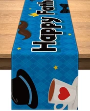 Happy Fathers Day Table Runner Linen Moustache Hat Bowtie Rustic Fireplace Ki...