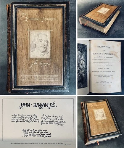 Antique 1881 The Pilgrim's Progress John Bunyan Elstow Edition Church Oak Wood