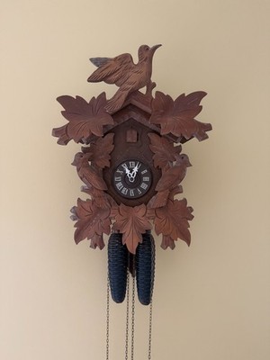 Vintage German Cuckoo Clock Black Forest Style Wooden Bird Clock w/ Weights