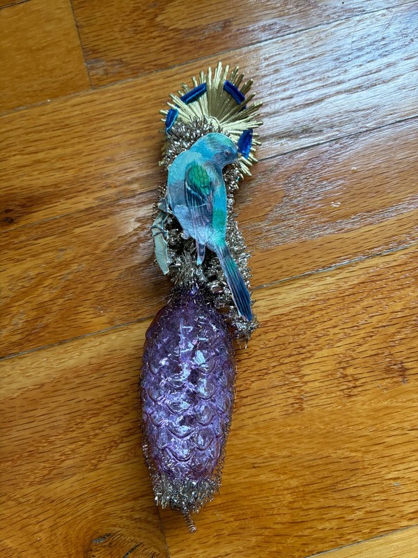 Acorn Shaped Christmas Ornament with Paper Teal Bird and Paper Purple Fowers 