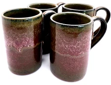 Set of 4 Red Pottery Glazed Cups Saki Espresso Handles Dragon Stamp Bottom