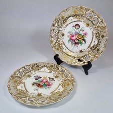 Antique 19thC Pair Davenport Pierced Cabinet Plates Painted With Flowers 23cm