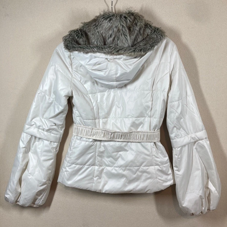 NWT BCBGeneration Quilted Puffer Coat Sz XS Ivory Faux Fur Hood Button Front - Image 2 of 4