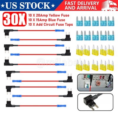 30Pcs Fuse TAP ADAPTER KIT 12V 15 Amp 20Amp Car Add-a-circuit Mini ATM APM Blade